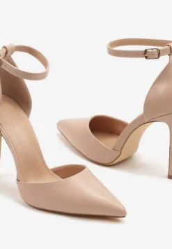 Beżowe Szpilki z Noskiem w Szpic i Paskiem przy Kostce Elarimea