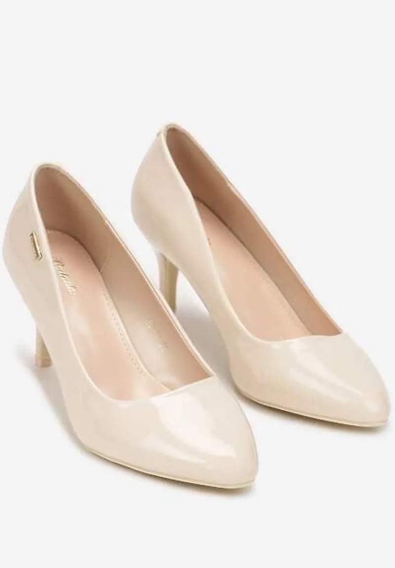 Beżowe Szpilki z Noskiem w Kształcie Migdałka Lakierowane Namania