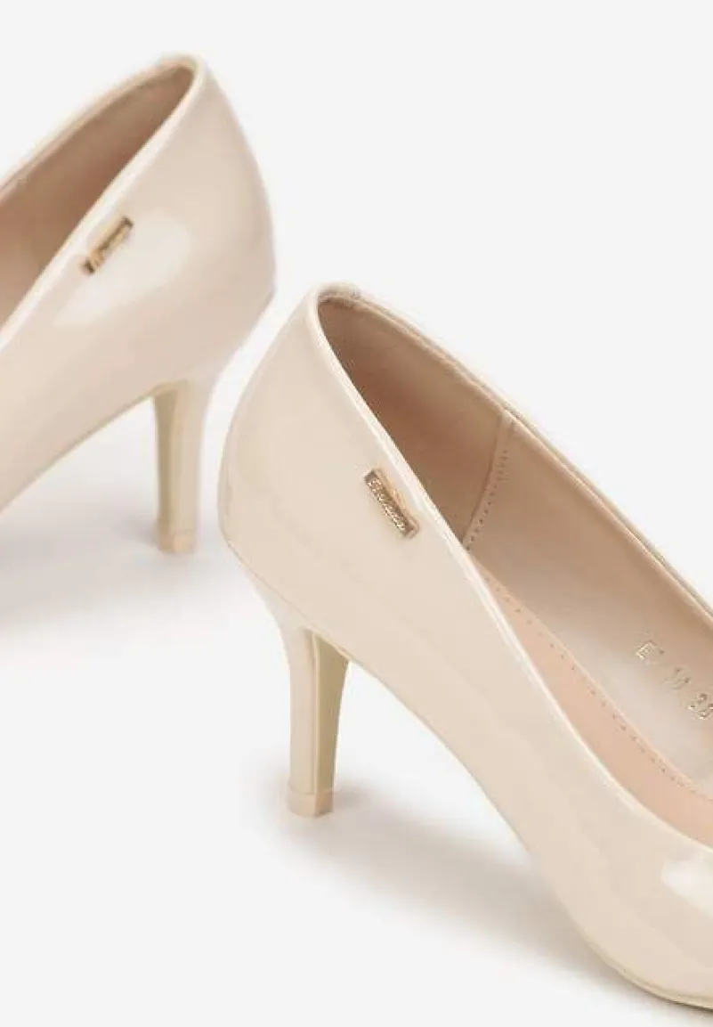Beżowe Szpilki z Noskiem w Kształcie Migdałka Lakierowane Namania