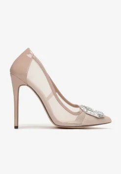 Beżowe Szpilki z Ozdobą w Cyrkonie i Szpiczastym Noskiem Malenga