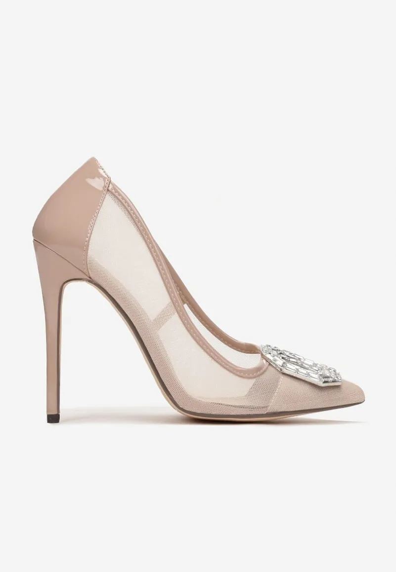 Beżowe Szpilki z Ozdobą w Cyrkonie i Szpiczastym Noskiem Malenga