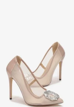 Beżowe Szpilki z Ozdobą w Cyrkonie i Szpiczastym Noskiem Malenga