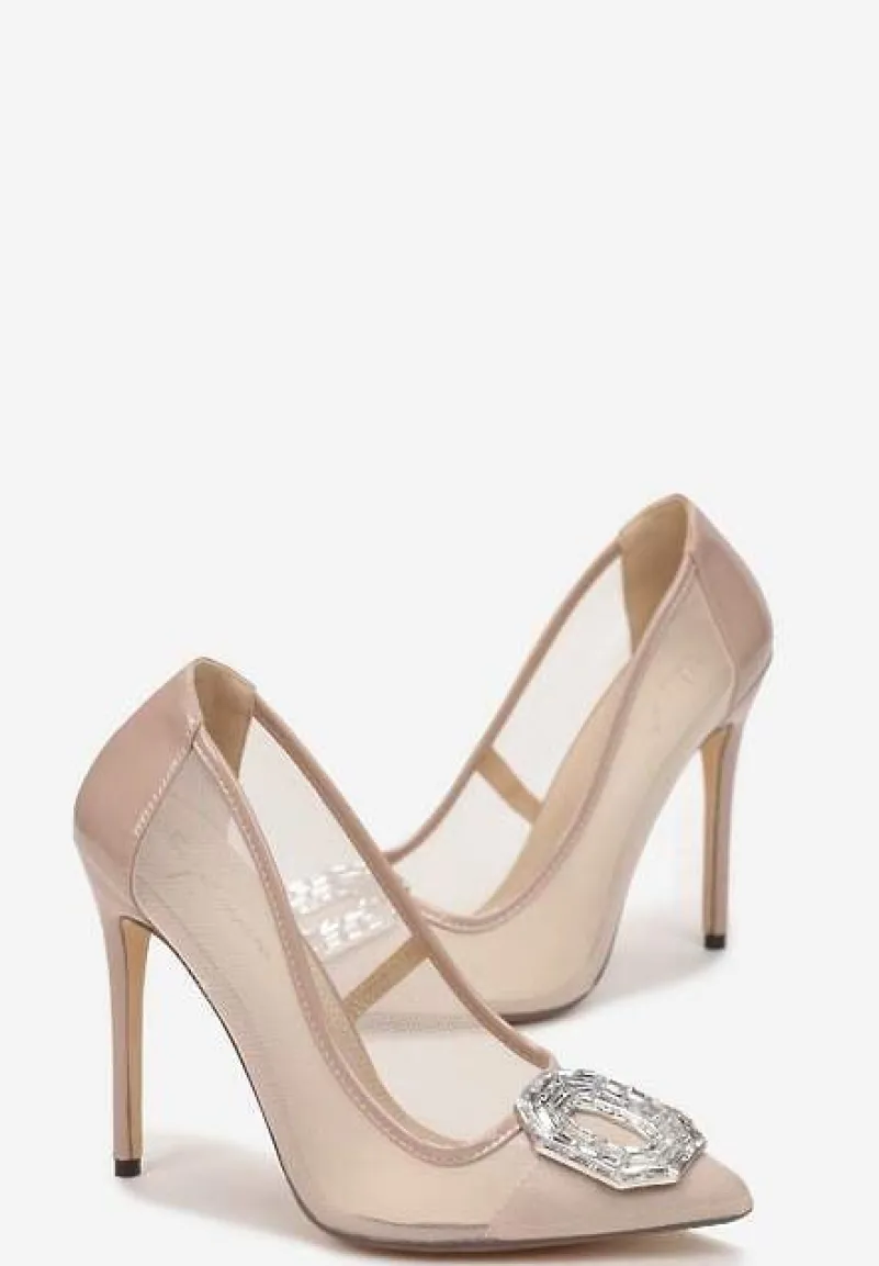 Beżowe Szpilki z Ozdobą w Cyrkonie i Szpiczastym Noskiem Malenga