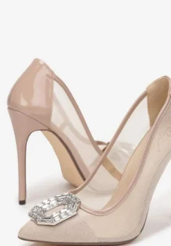 Beżowe Szpilki z Ozdobą w Cyrkonie i Szpiczastym Noskiem Malenga