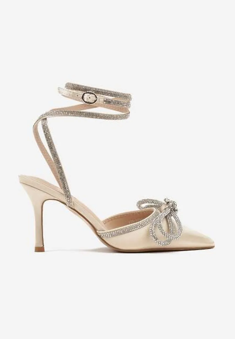 Beżowe Szpilki z Paskami i Kokardką w Cyrkonie Carolia