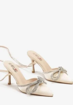 Beżowe Szpilki z Paskami i Kokardką w Cyrkonie Carolia