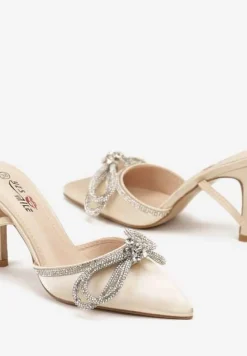 Beżowe Szpilki z Paskami i Kokardką w Cyrkonie Carolia