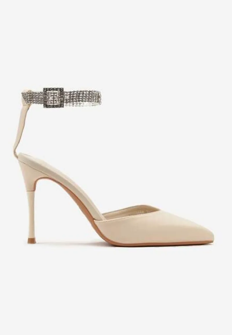 Beżowe Szpilki z Paskiem Wokół Kostki Zdobiony Cyrkoniami Faeillna