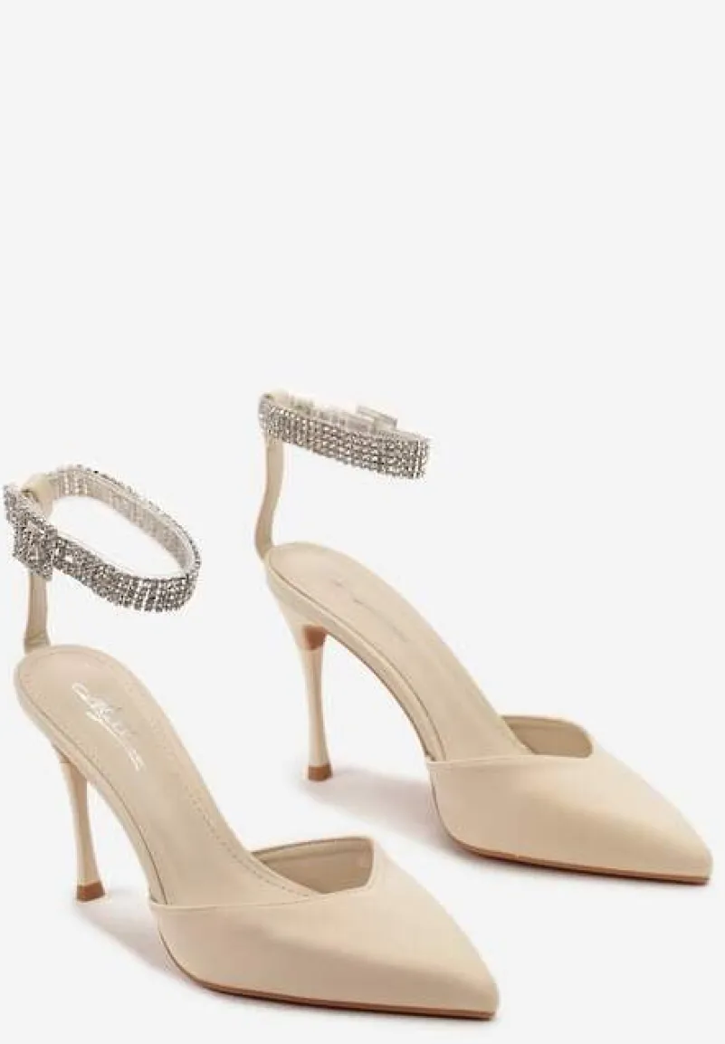 Beżowe Szpilki z Paskiem Wokół Kostki Zdobiony Cyrkoniami Faeillna