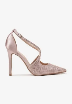 Beżowe Szpilki z Połyskiem Zapinane na Sprzączkę z Satynową Cholewką Lotina