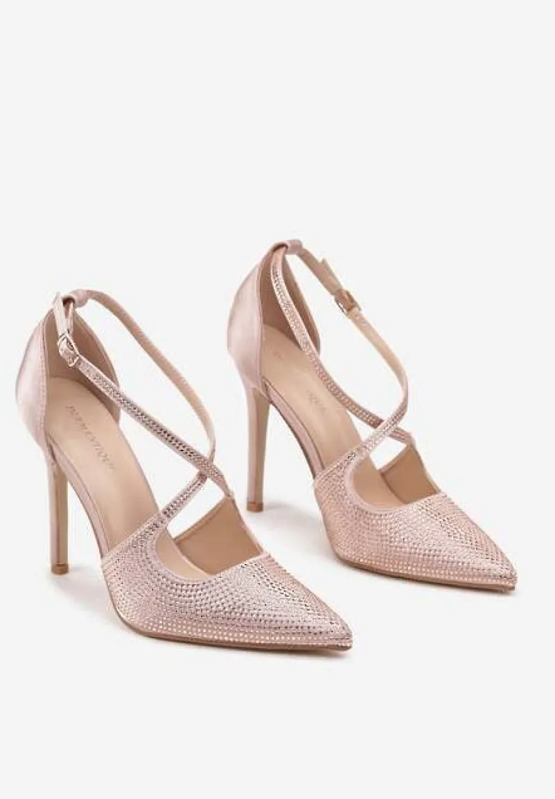 Beżowe Szpilki z Połyskiem Zapinane na Sprzączkę z Satynową Cholewką Lotina