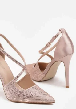 Beżowe Szpilki z Połyskiem Zapinane na Sprzączkę z Satynową Cholewką Lotina