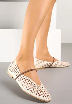 Beżowe Szydełkowe Balerinki w Stylu Boho z Paskiem Vomea