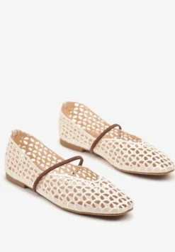 Beżowe Szydełkowe Balerinki w Stylu Boho z Paskiem Vomea