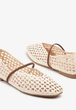 Beżowe Szydełkowe Balerinki w Stylu Boho z Paskiem Vomea