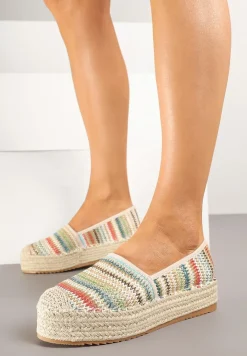 Beżowe Szydełkowe Espadryle w Paski na Podeszwie z Plecionki Tillireta