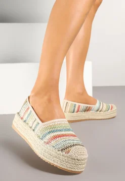 Beżowe Szydełkowe Espadryle w Paski na Podeszwie z Plecionki Tillireta