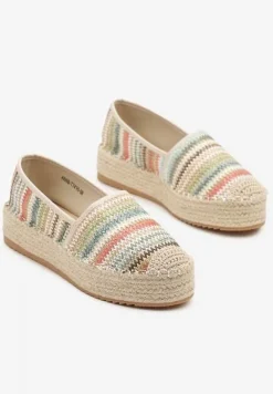 Beżowe Szydełkowe Espadryle w Paski na Podeszwie z Plecionki Tillireta