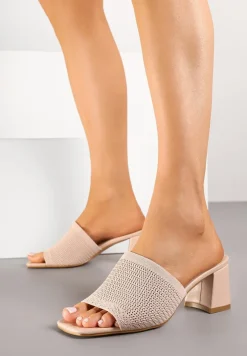 Beżowe Szydełkowe Klapki na Słupkowym Obcasie Idaretia