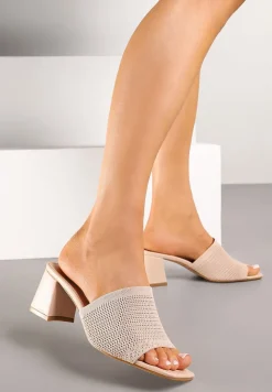 Beżowe Szydełkowe Klapki na Słupkowym Obcasie Idaretia