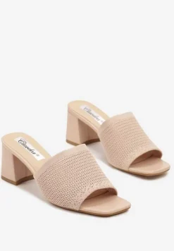 Beżowe Szydełkowe Klapki na Słupkowym Obcasie Idaretia