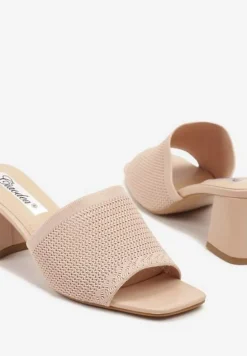 Beżowe Szydełkowe Klapki na Słupkowym Obcasie Idaretia