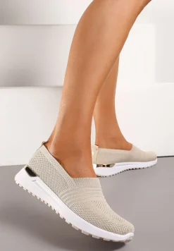 Beżowe Tenisówki Elastyczne z Metaliczną Wstawką na Zapiętku Jestella