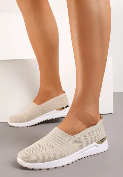 Beżowe Tenisówki Elastyczne z Metaliczną Wstawką na Zapiętku Jestella