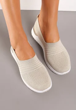 Beżowe Tenisówki Elastyczne z Metaliczną Wstawką na Zapiętku Jestella