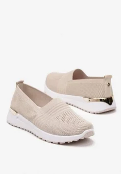 Beżowe Tenisówki Elastyczne z Metaliczną Wstawką na Zapiętku Jestella