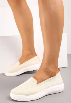 Beżowe Tenisówki na Płaskiej Podeszwie z Okrągłymi Noskami i Przeszyciami Alesir