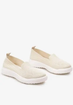 Beżowe Tenisówki na Płaskiej Podeszwie z Okrągłymi Noskami i Przeszyciami Alesir