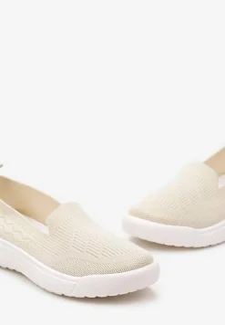 Beżowe Tenisówki na Płaskiej Podeszwie z Okrągłymi Noskami i Przeszyciami Alesir