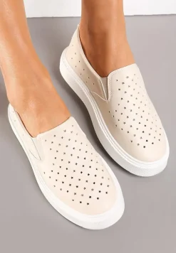 Beżowe Tenisówki na Platformie z Ażurową Cholewką Healina