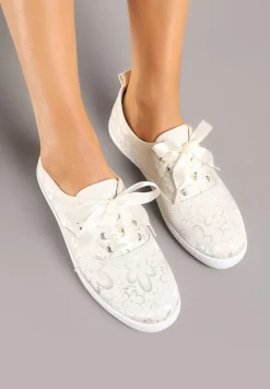 Beżowe Tenisówki Wiązane Wstążką Zdobione Tłoczeniem w Kwiaty Palesiela