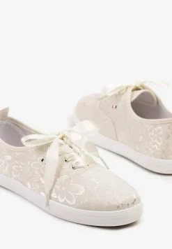 Beżowe Tenisówki Wiązane Wstążką Zdobione Tłoczeniem w Kwiaty Palesiela