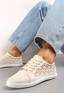 Beżowe Tenisówki z Ażurowymi Wstawkami Po Bokach Salessa