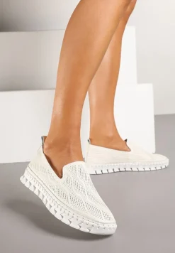 Beżowe Tenisówki ze Skóry Naturalnej Zdobione Perforacją Gonessea