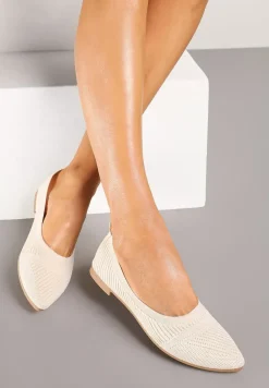 Beżowe Tłoczone Balerinki z Wkładką ze Skóry Naturalnej Jalinori