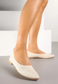 Beżowe Tłoczone Balerinki z Wkładką ze Skóry Naturalnej Jalinori