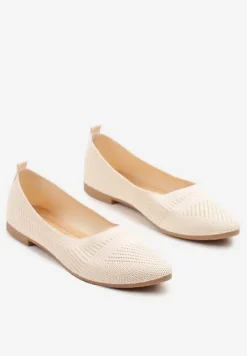 Beżowe Tłoczone Balerinki z Wkładką ze Skóry Naturalnej Jalinori