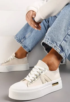 Beżowe Trampki na Grubej Podeszwie Sznurowane Peonema