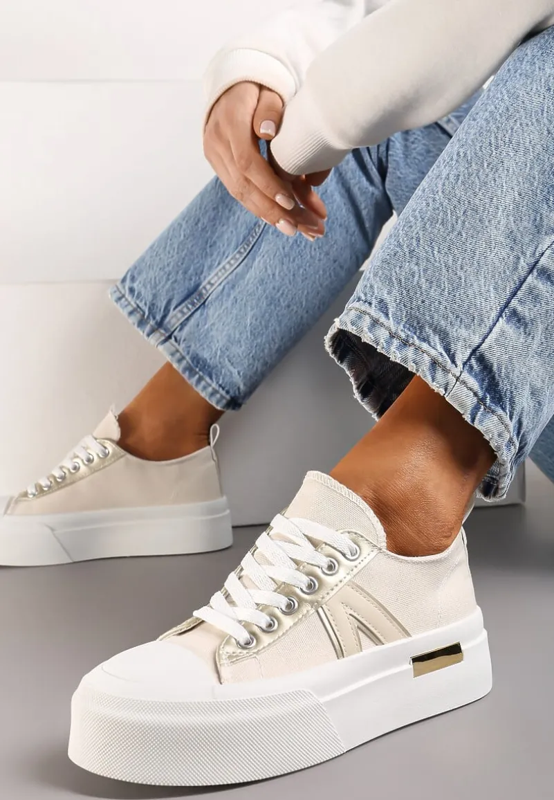 Beżowe Trampki na Grubej Podeszwie Sznurowane Peonema