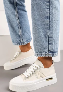 Beżowe Trampki na Grubej Podeszwie Sznurowane Peonema