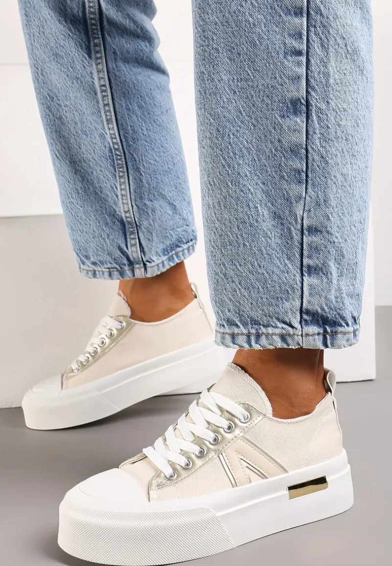 Beżowe Trampki na Grubej Podeszwie Sznurowane Peonema