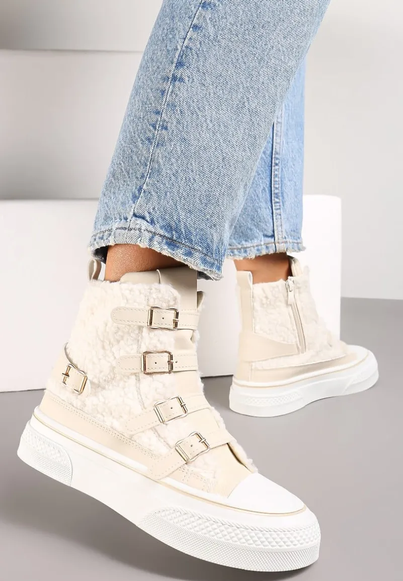 Beżowe Trampki na Grubej Podeszwie z Ozdobnymi Klamerkami Rokitta