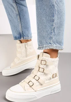 Beżowe Trampki na Grubej Podeszwie z Ozdobnymi Klamerkami Rokitta