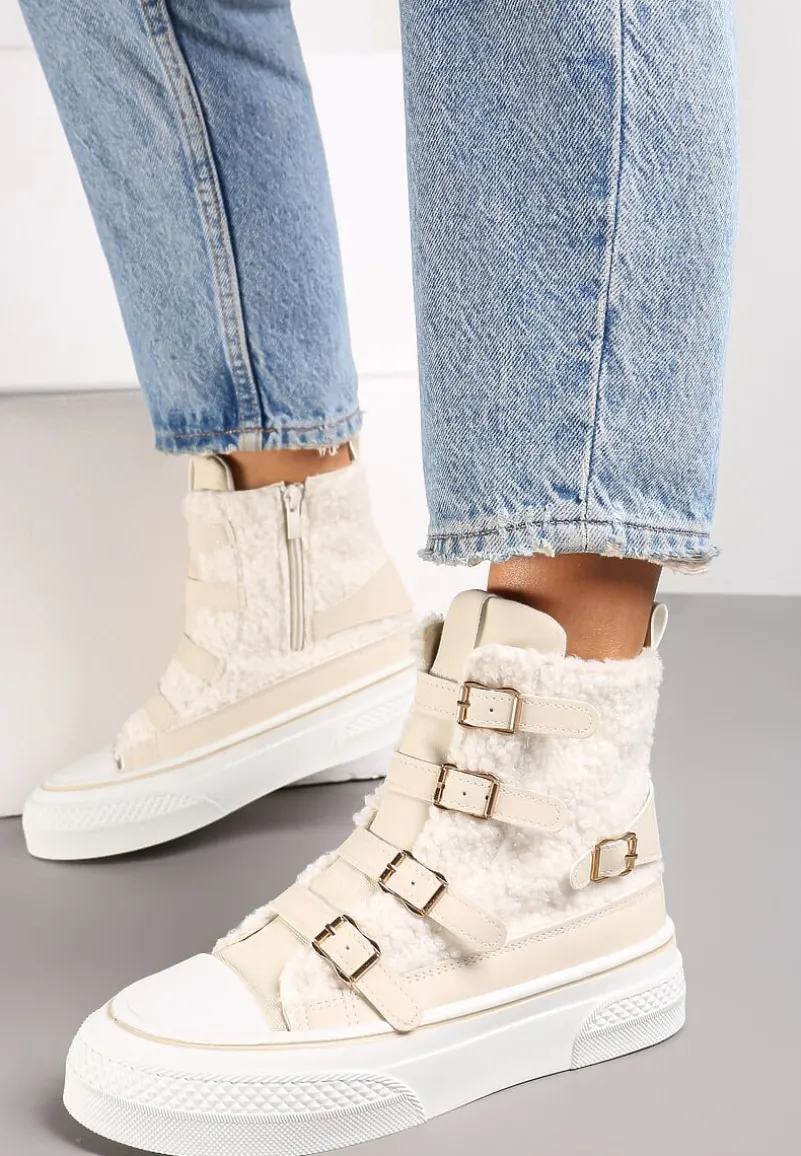 Beżowe Trampki na Grubej Podeszwie z Ozdobnymi Klamerkami Rokitta