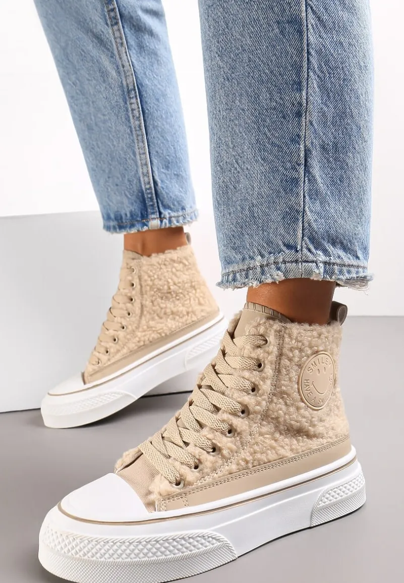 Beżowe Trampki na Grubej Podeszwie z Futerkiem Ocanille