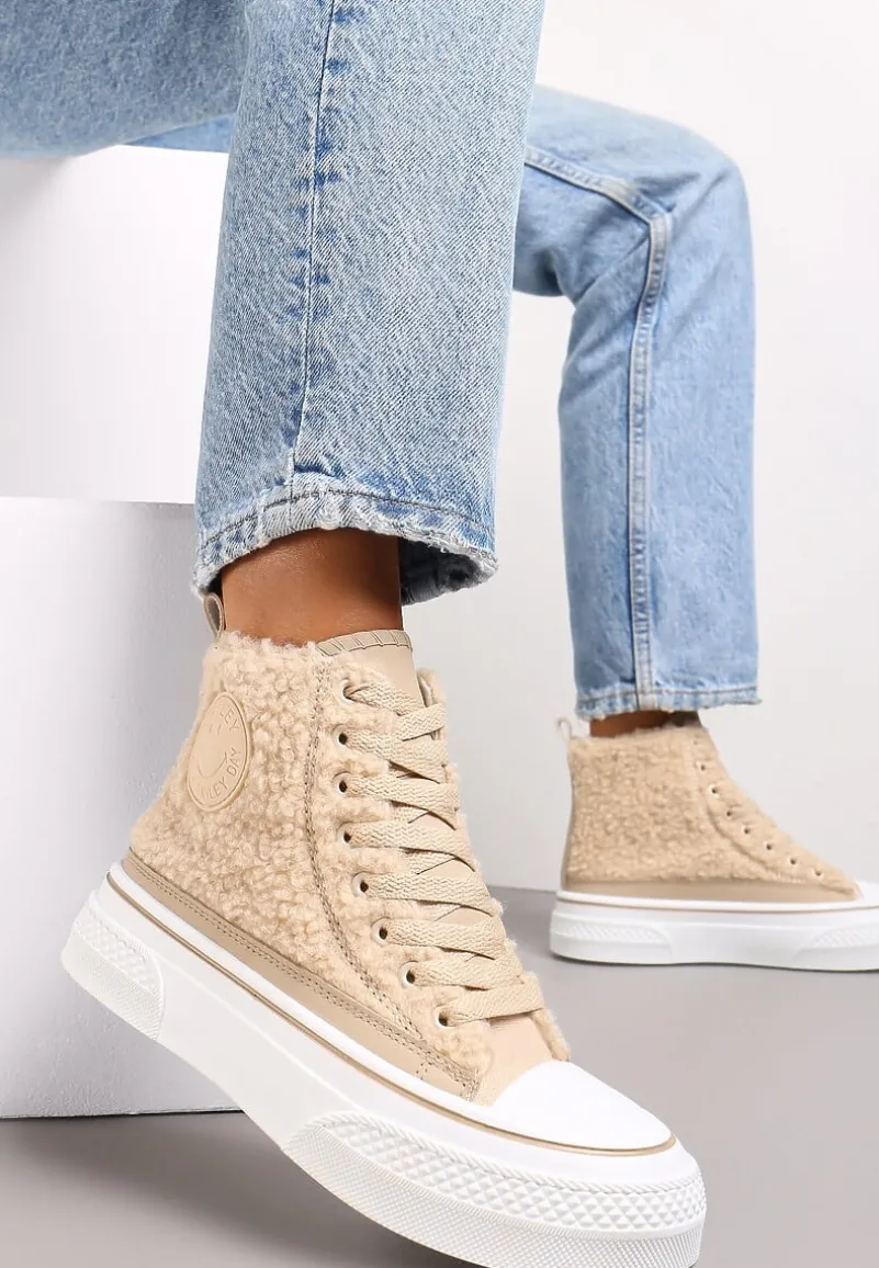 Beżowe Trampki na Grubej Podeszwie z Futerkiem Ocanille